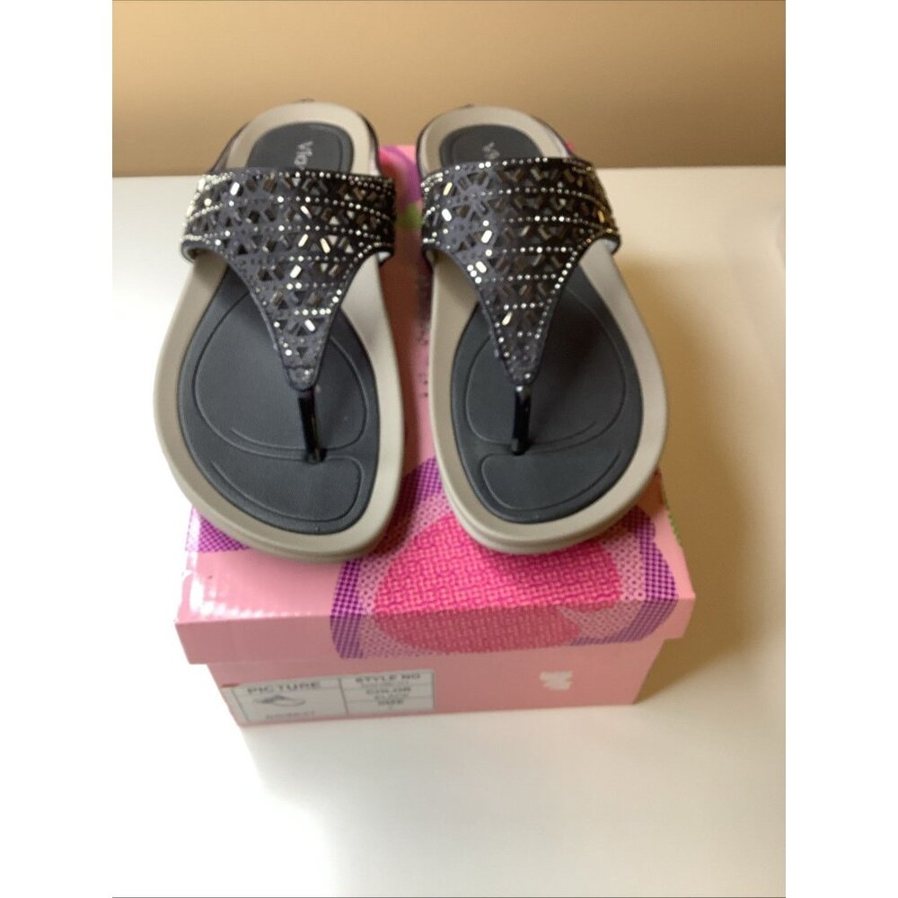 Via Pinky Size 6 Naomi-01 Black Bedazzled Wedge Thong Sandals Womens, Preloved